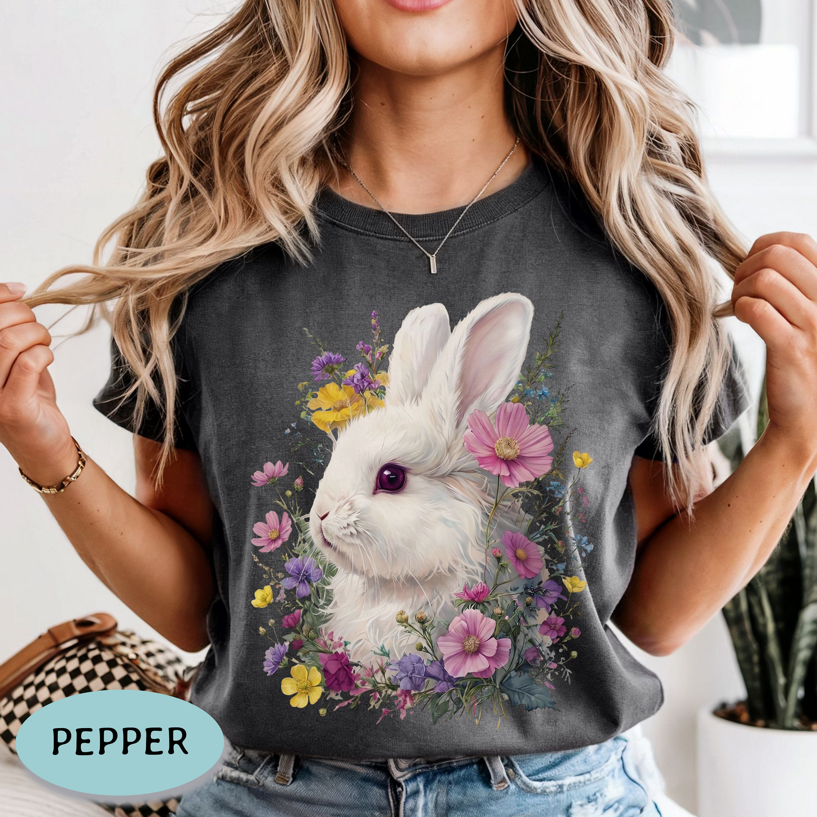 White Bunny Shirt – Floral Rabbit Comfort Colors® Tee