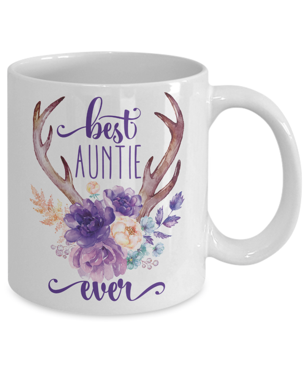 Best Auntie Ever Coffee Mug Tea Cup Boho Style Flowers Antlers