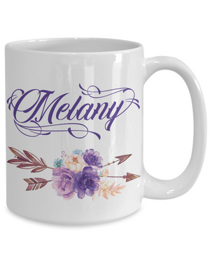 Custom Name Coffee Mug Tea Cup Boho Style Flowers/Arrows/Purple Color