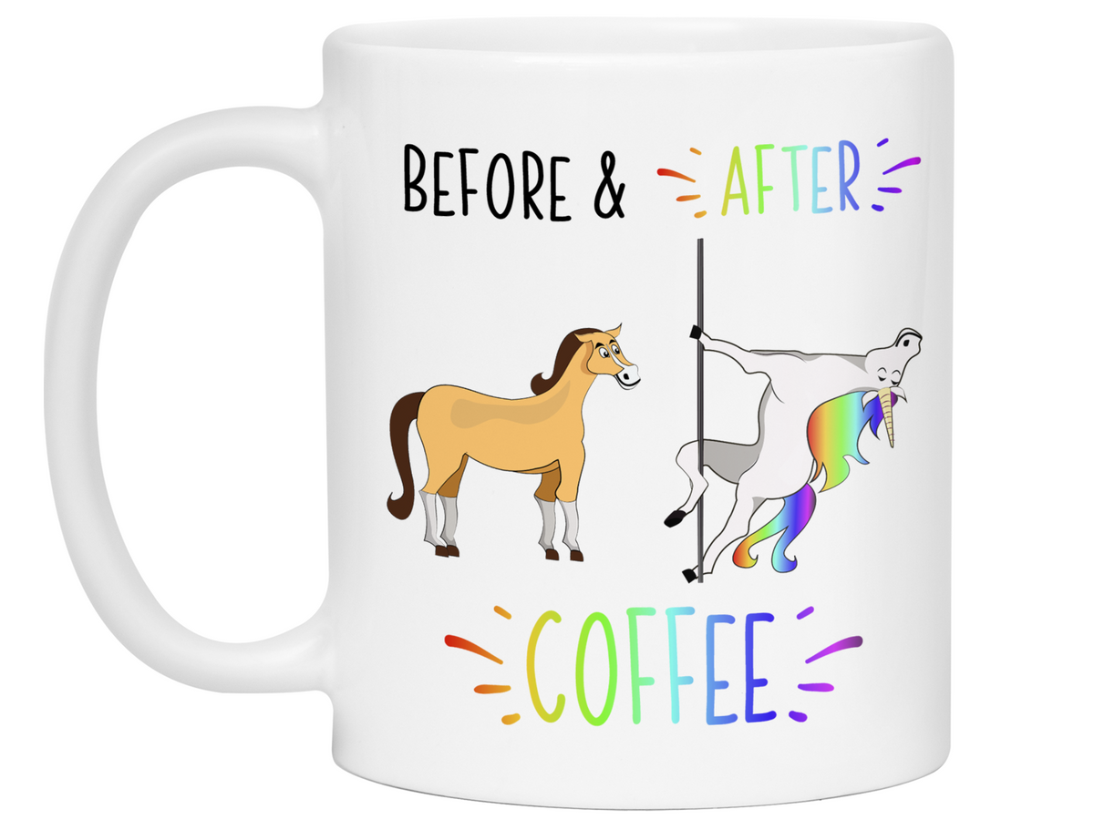 Funny Before and After Coffee Mug - Coffee Lover Unicorn vs Horse Gag Gift