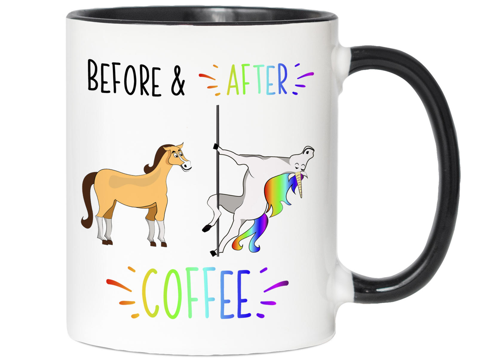 Funny Before and After Coffee Mug - Coffee Lover Unicorn vs Horse Gag Gift