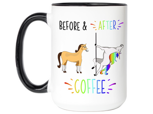 Funny Before and After Coffee Mug - Coffee Lover Unicorn vs Horse Gag Gift