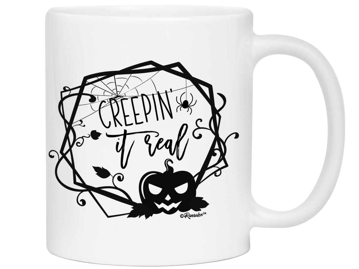 Creepin' it Real Funny Halloween Coffee Mug - Spooky Pumpkin &amp; Spiders Graphic