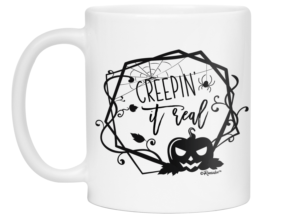Creepin' it Real Funny Halloween Coffee Mug - Spooky Pumpkin & Spiders Graphic
