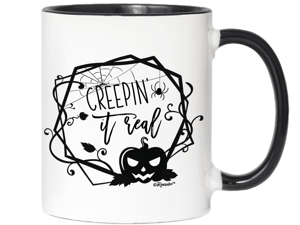 Creepin' it Real Funny Halloween Coffee Mug - Spooky Pumpkin & Spiders Graphic