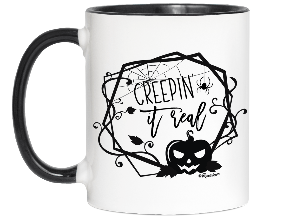 Creepin' it Real Funny Halloween Coffee Mug - Spooky Pumpkin & Spiders Graphic