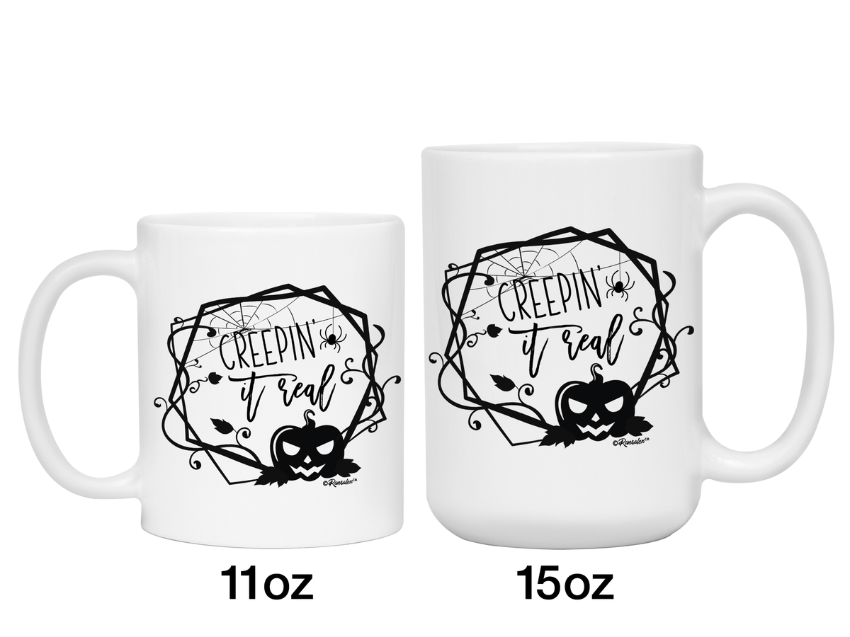 Creepin' it Real Funny Halloween Coffee Mug - Spooky Pumpkin & Spiders Graphic