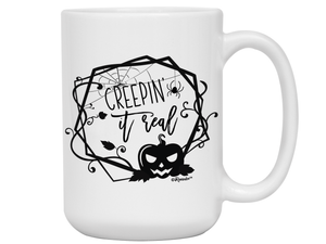 Creepin' it Real Funny Halloween Coffee Mug - Spooky Pumpkin & Spiders Graphic