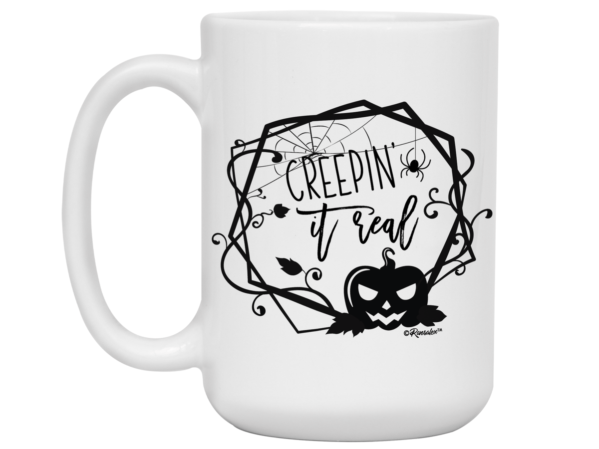 Creepin' it Real Funny Halloween Coffee Mug - Spooky Pumpkin & Spiders Graphic