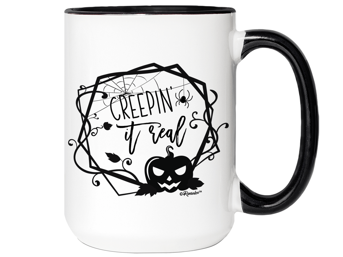 Creepin' it Real Funny Halloween Coffee Mug - Spooky Pumpkin & Spiders Graphic