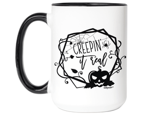 Creepin' it Real Funny Halloween Coffee Mug - Spooky Pumpkin & Spiders Graphic