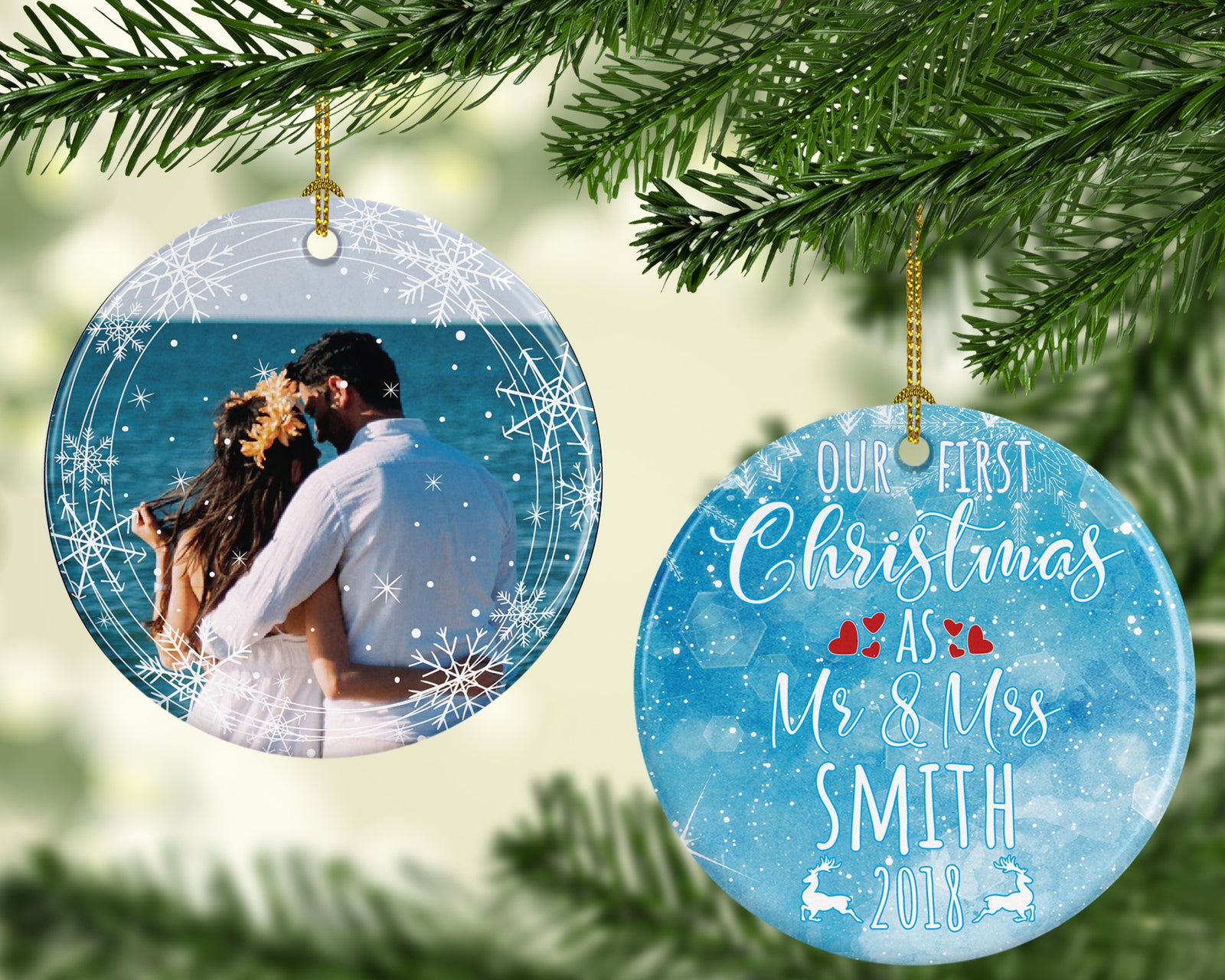 First Christmas as Mr & Mrs Ceramic Ornament Doubles Sided Personalized