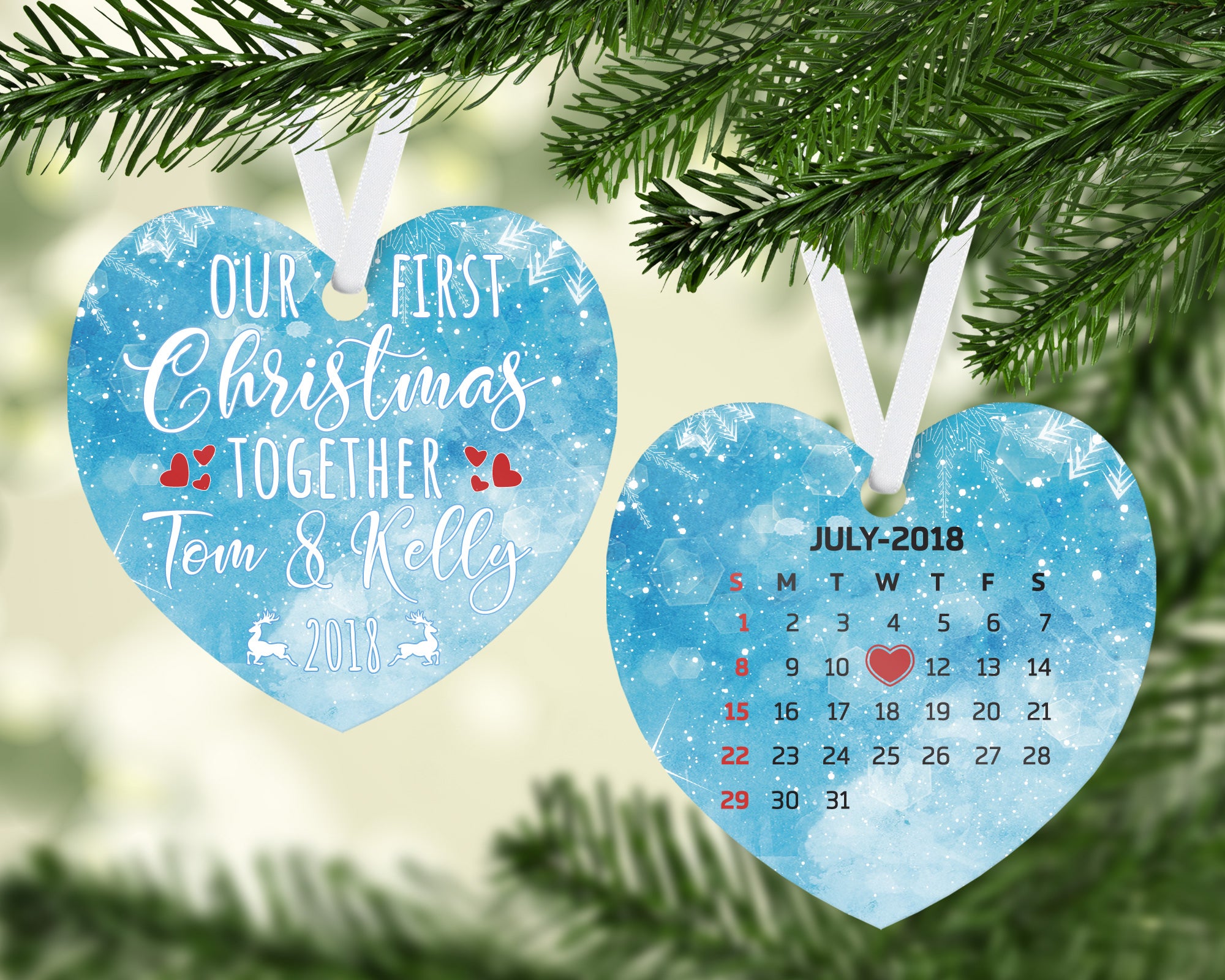 Double Sided Our First Christmas Together 2018 Couple First Date Calendar Two Sided Personalized Customized Ceramic Ornament