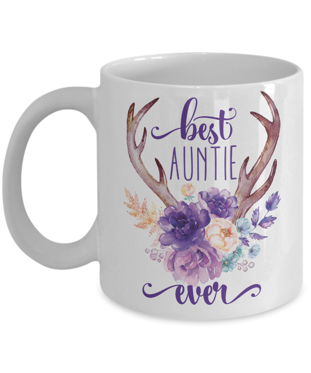 Best Auntie Ever Coffee Mug Tea Cup Boho Style Flowers Antlers