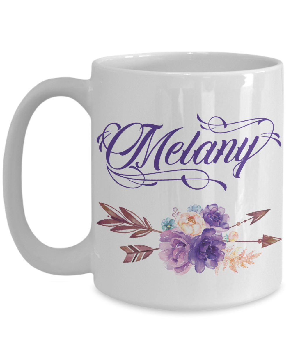 Custom Name Coffee Mug Tea Cup Boho Style Flowers/Arrows/Purple Color