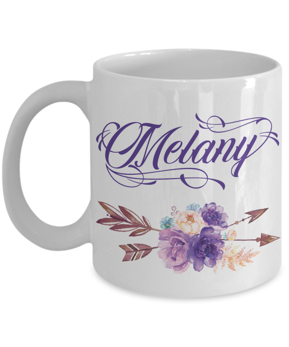 Custom Name Coffee Mug Tea Cup Boho Style Flowers/Arrows/Purple Color