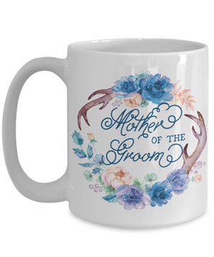 Mother Of The Groom Coffee Mug | Antlers/Wreath Flowers Blue 15oz